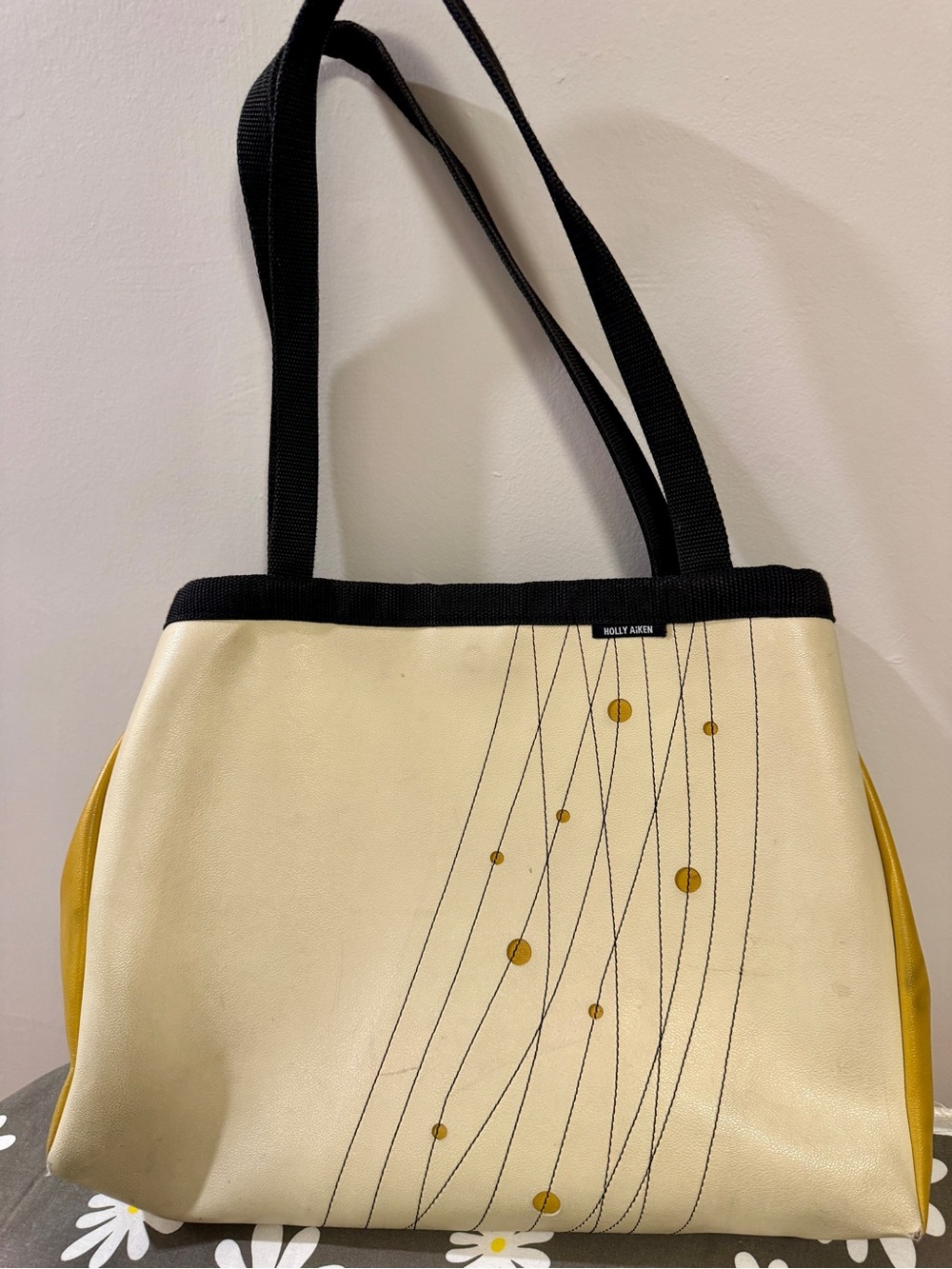 Cream & Mustard Canvas Tote with Black Straps by Holly Aiken